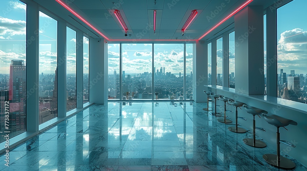 Aufkleber A daytime bright office with an unforgettable view of the metropolis. Generative AI.