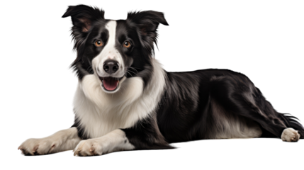 A peaceful black and white dog laying on the ground