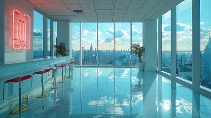 A daytime bright office with an unforgettable view of the metropolis. Generative AI.