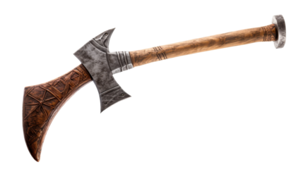 A weathered wooden-handled axe lying against a stark white background
