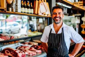 Charismatic male butcher smiling in his meat shop with an excellent variety of cuts - Powered by Adobe