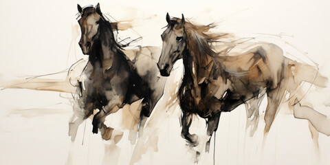 In a watercolor style illustration of two galloping horses on a white background. Picture in beige and black tones with water stains.