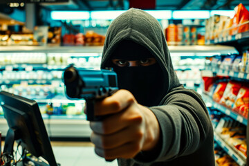 A masked robber in a hoodie aggressively points a gun at the viewer during a tense store holdup, creating a sense of urgency and danger - obrazy, fototapety, plakaty