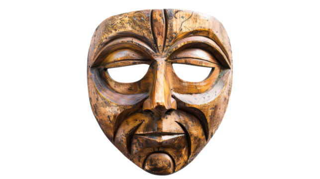 A wooden mask carved in the likeness of a mans face, exuding an aura of mystery and protection
