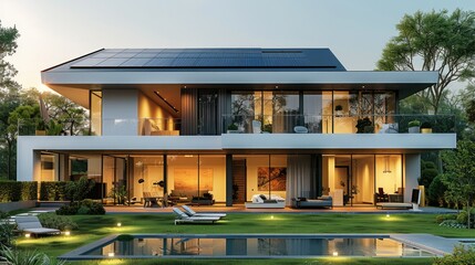 Modern house with solar panels on the roof overlooking lawns and a swimming pool at the front. Generative AI.