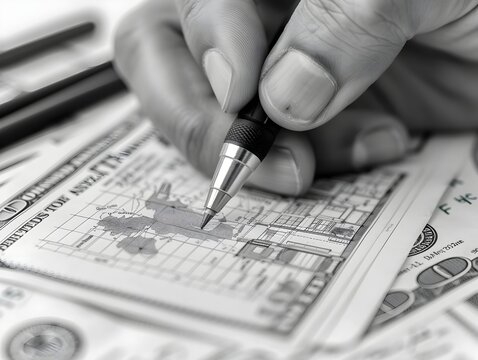 A detailed black and white photo of a financial expert's hand analyzing a blueprint over a background of US dollar bills, symbolizing financial planning.