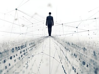 A man walks across a symbolic bridge of network connections and data, representing the journey through digital information space and technology.
