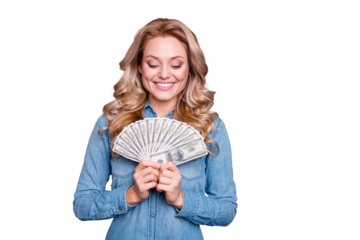 Portrait of her she nice cute charming glad cheerful cheery rich wealthy wavy-haired lady wearing blue shirt holding in hands large sum funds income isolated over gray pastel background