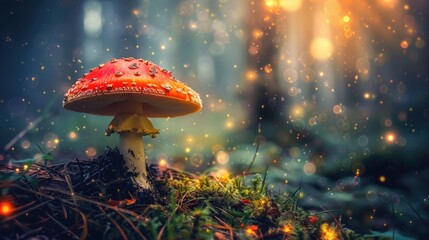 Magic Mushroom in Enchanted Forest. Macro Shot of Fungus with Mystic Glow and Earthy Background. Digital Art of Fantasy Fairy Tale Forest - obrazy, fototapety, plakaty