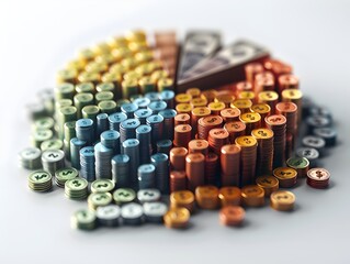 Colorful stacks of coins arranged in a car battery diagram design on a light background, illustrating financial concepts related to energy and economy.