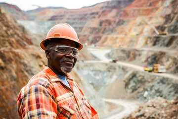 Experienced miner in protective gear with a vast open pit mine in the background