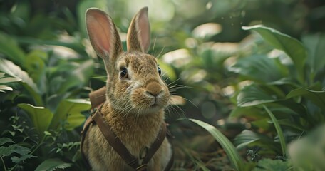 Rabbit in harness, garden adventure, close-up, curious, soft lighting, detailed fur, tranquil. 