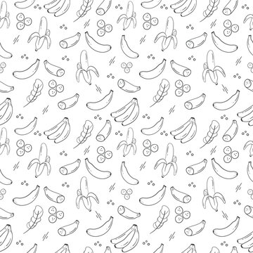 Hand-drawn seamless pattern with bananas, creating a vibrant and playful background. Vector illustration perfect for tropical-themed designs.