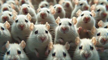 The crowd concept with white mouse in large group of rodents. Generative AI.