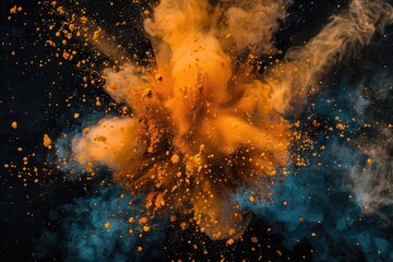 Orange Dust Explosion on Black: Abstract Closeup of Blooming Cloud with Blue Burst on Dark Ash Background