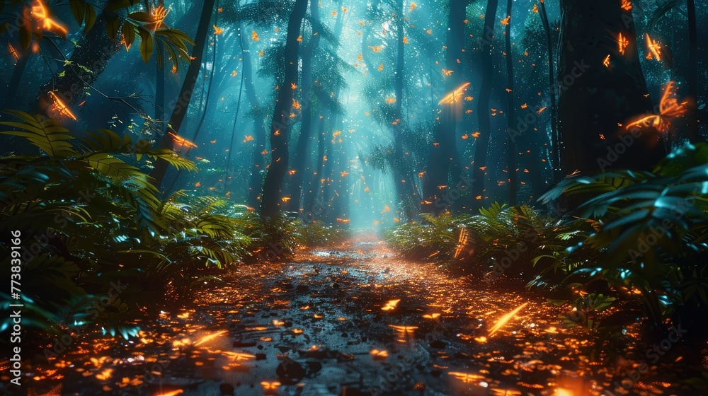 Aufkleber Walk through a dark mysterious jungle. Generative AI.