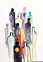 A composition of colorful human figures with a golden sun. Watercolor on white paper. - 773839117