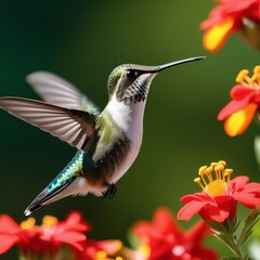 Fototapeta premium Hummingbird collects pollen in the most beautiful flower illuminated by the sun