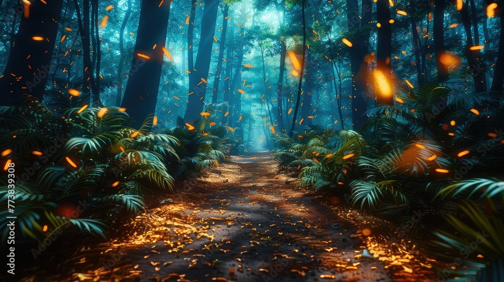 Poster walk through a dark mysterious jungle. generative ai.