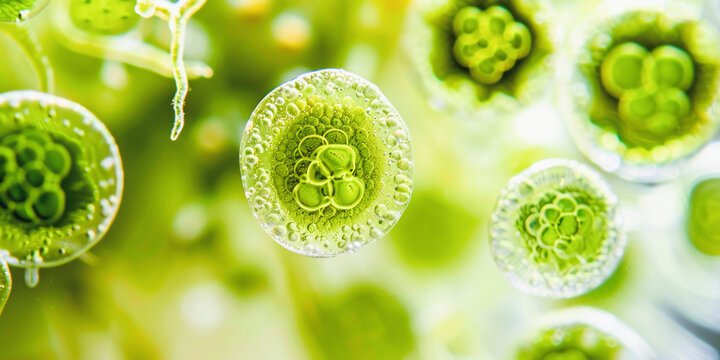 Microscopic view of green algal cells showcasing intricate chloroplast structures, signifying the photosynthetic machinery of aquatic plant life.