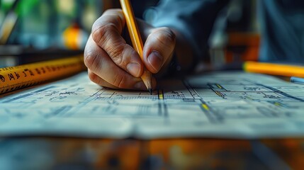 A hand sketching out a detailed blueprint for a sustainable, ecofriendly project. The blueprint features innovative designs that prioritize environmental conservation