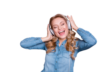 Close-up portrait of nice cute lovely charming attractive cheerful wavy-haired lady wearing blue shirt singing favorite popular song isolated over gray  background