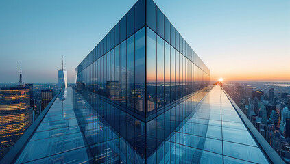 Obraz premium Peripheral view of sleek modern architecture, Glass facades reflect the surrounding cityscape. Generative AI.