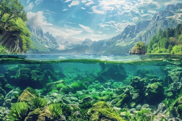 Underwater Freshwater Landscape of Lake Ecosystem in Summer: Aquatic Underwater View with Nature Background - obrazy, fototapety, plakaty
