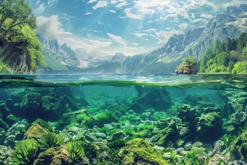 Poster Underwater Freshwater Landscape of Lake Ecosystem in Summer: Aquatic Underwater View with Nature Background © Web