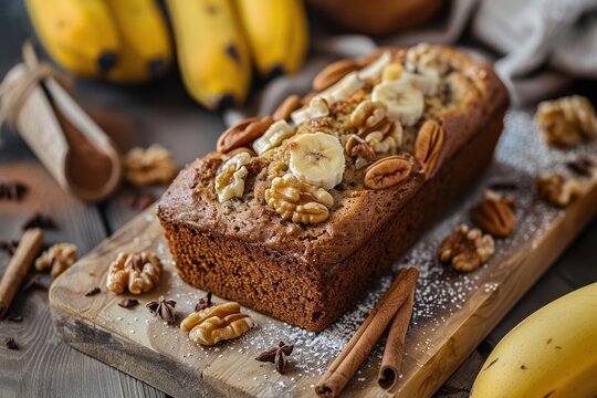 Top View of Homemade Banana Bread with Walnuts and Cinnamon on Wooden Background
