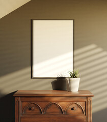 realistic of a portrait frame mockup poster above the cabinet hanging on the dark wall with plant decoration