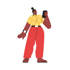 Black woman holding mobile phone. Young female character standing with smartphone in hand. Happy girl, cellphone user reading message in internet. Flat vector illustration isolated on white background