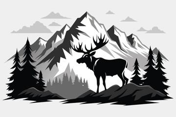 Moose in mountains black and white vector illustration, Silhouette of a moose on flat background