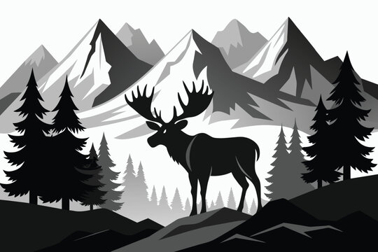 Moose in mountains black and white vector illustration, Silhouette of a moose on flat background