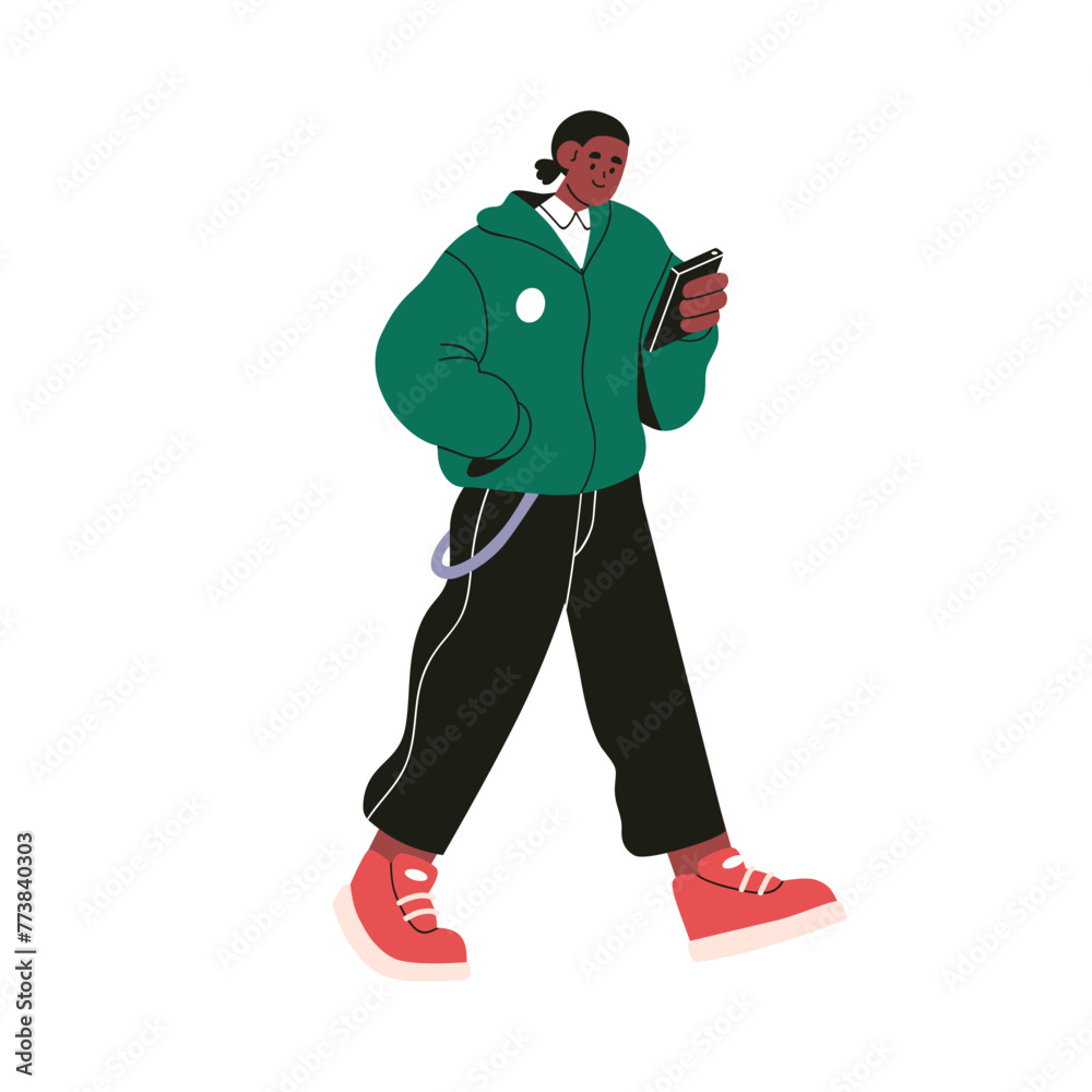 Poster black man using mobile phone on the go. character holding smartphone in hand, reading on cellphone, 