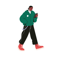 Black man using mobile phone on the go. Character holding smartphone in hand, reading on cellphone, looking at cell device, walking outdoors. Flat vector illustration isolated on white background