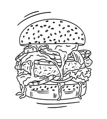 Hand drawn sketch of hamburger for menu design. Black and white vector illustration isolated on white background.