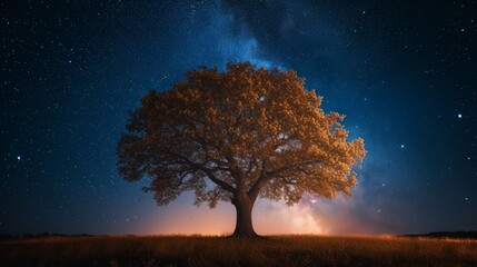 Fototapeta na wymiar A lone tree illuminated by a starry sky, with a warm glow on the horizon.