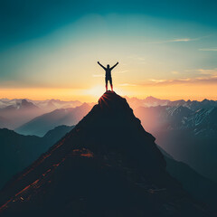 man on top of the mountain reaching his objective  - obrazy, fototapety, plakaty