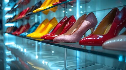 A collection of high heel shoes stands in regimented rows on sleek glass shelves.