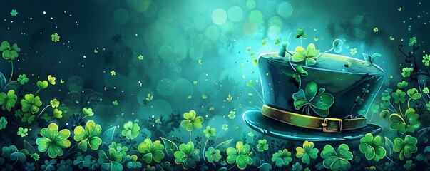 Happy Saint Patricks day lettering phrase with clover leaves and green hat.art illustration - obrazy, fototapety, plakaty