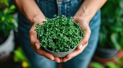 The woman's hands are holding a bowl of fresh microgreens. Useful products. Proper nutrition. Diet, vegetarianism. - obrazy, fototapety, plakaty
