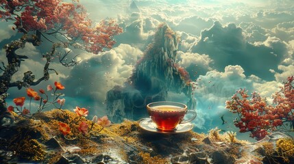 Tea in abstract landscapes, surreal scenes where tea elements blend with fantastical terrains, beyond imagination - obrazy, fototapety, plakaty