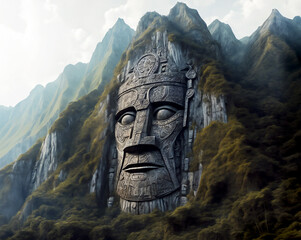 Giant face representing an ancient aztec deity carved into the rock. Fantasy art.