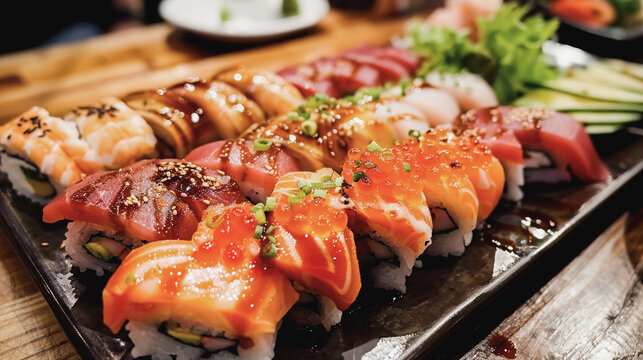 Assorted sushi and sashimi platter with salmon, tuna, and other toppings, garnished with sesame seeds and green onions.
