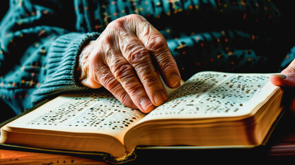 An elderly person reading braille with their fingertips on an open book, signifying literacy and accessibility for the visually impaired. - obrazy, fototapety, plakaty