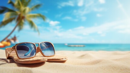Fototapeta na wymiar A pair of sunglasses and a pair of flip flops are on a beach