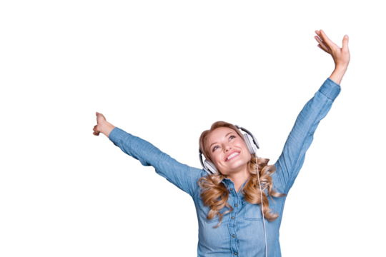Portrait of nice cute charming attractive cheerful cheery careless carefree wavy-haired lady wearing blue shirt favorite popular song rise hand up isolated over gray  background