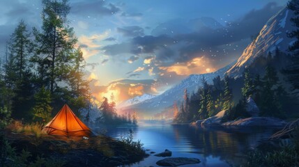 Twilight Camping by a Serene Mountain Lake - obrazy, fototapety, plakaty