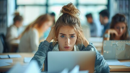 Woman stressed out at work. Generative AI.